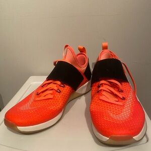 ORANGE NIKES WITH STRAP/LACES, USED, 7.5 WOMENS